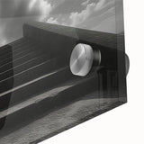 Mid-century modernist large abstract wall art of a spiral staircase in muted gray and blue tones, acrylic print.