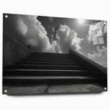 Acrylic glass print of a large abstract staircase design in monochrome shades, suitable for bedroom or dining room decor.