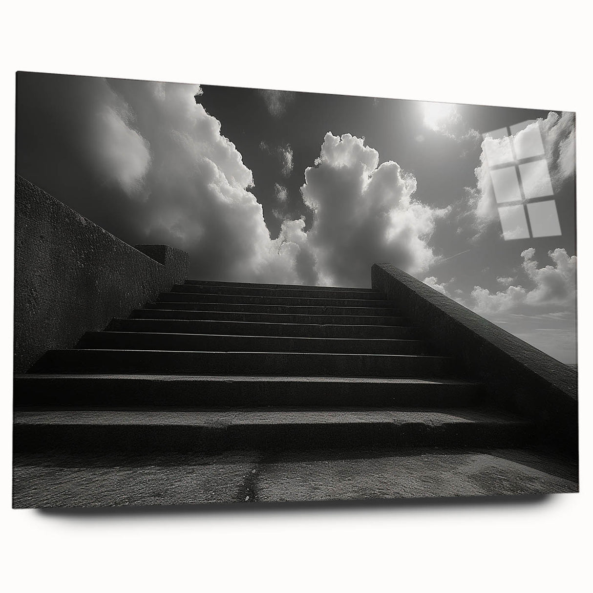 Side view of a large abstract acrylic glass art print depicting a spiral staircase in grayscale.
