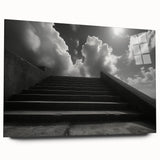 Side view of a large abstract acrylic glass art print depicting a spiral staircase in grayscale.