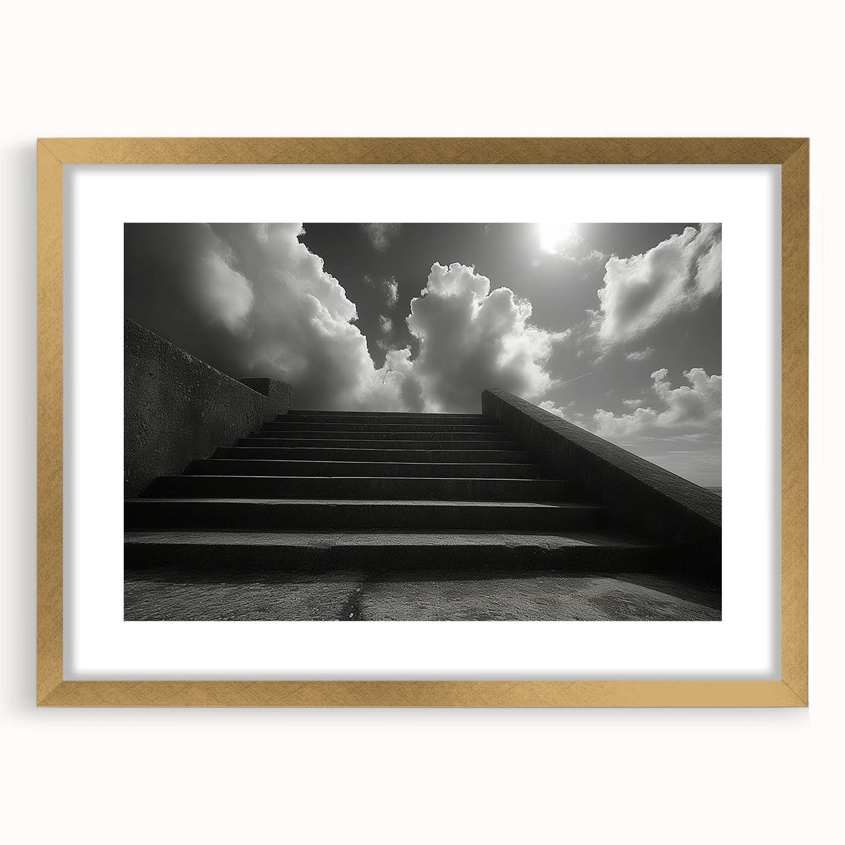 Extra large abstract art print featuring a textured design of spiral staircases in muted gray, framed in gold.