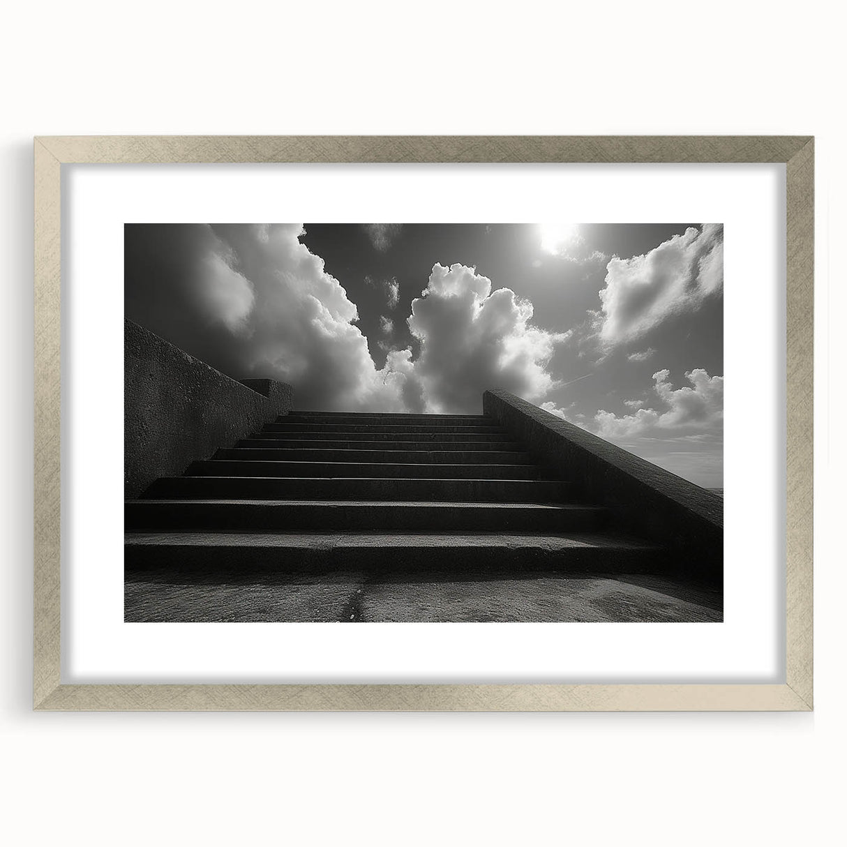 Textured art print of an abstract staircase in muted gray, framed in silver, ideal for modern bedroom decor.