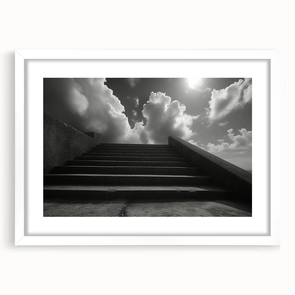 Abstract art print of a spiral staircase in muted gray hues on a framed white mat, ideal for dining room decor.