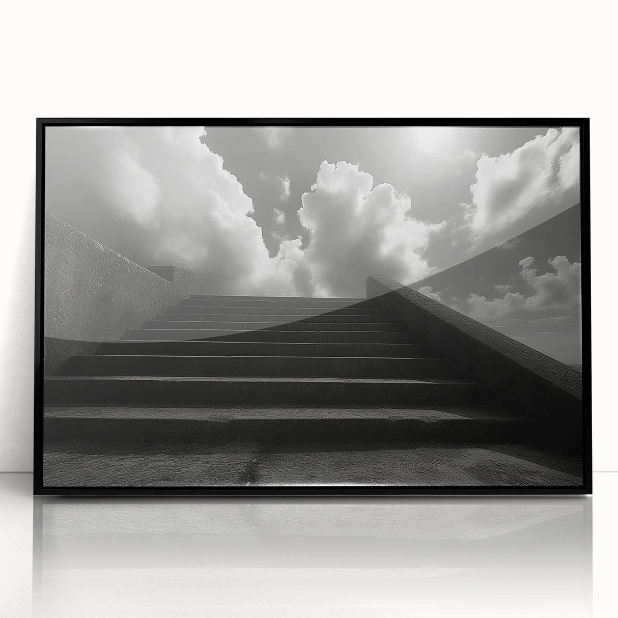 Large abstract wall art featuring a spiral staircase design in black and white acrylic print, framed.