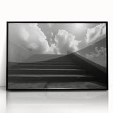 Large abstract wall art featuring a spiral staircase design in black and white acrylic print, framed.