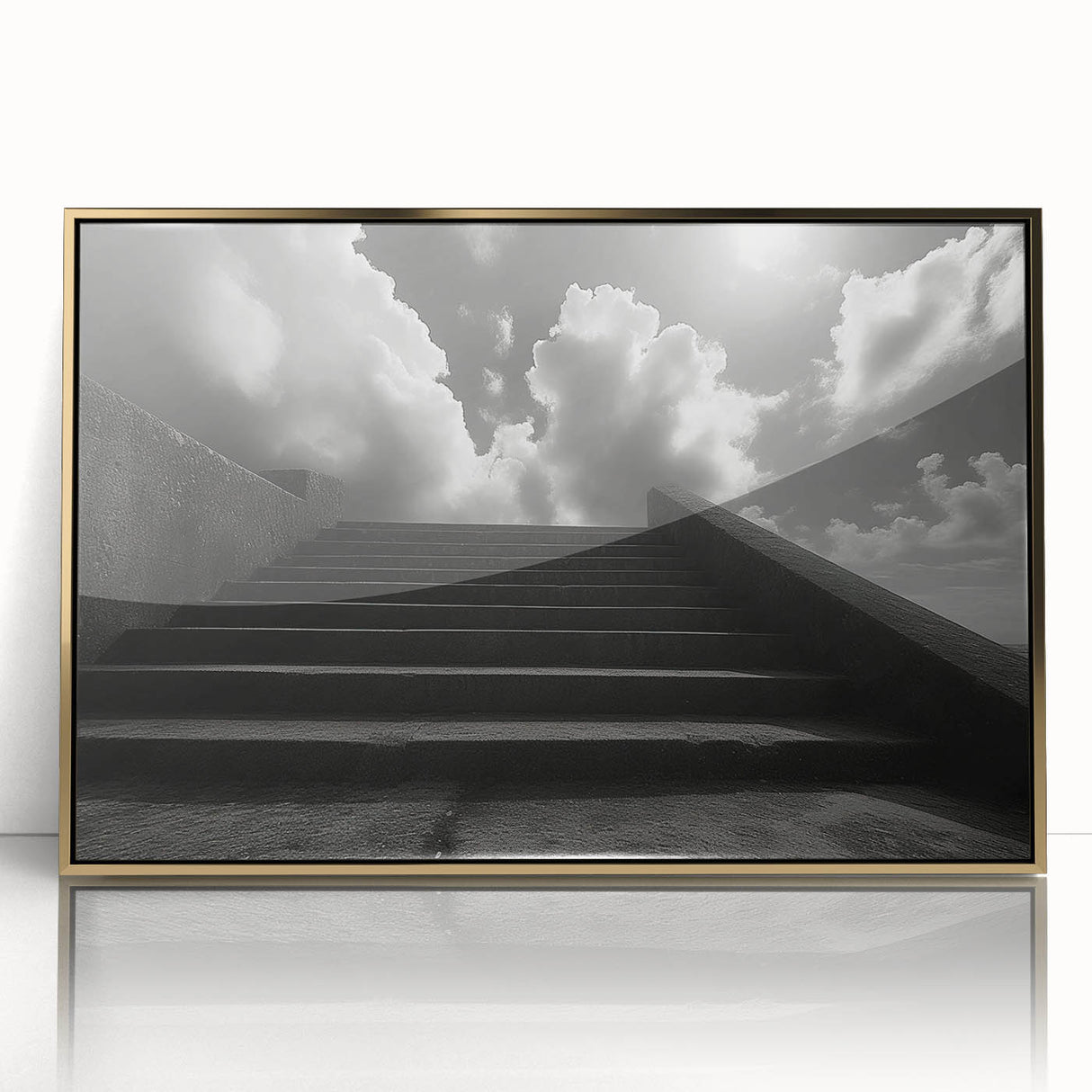 Mid-century modernist staircase design in gold and black tones, framed acrylic print, ideal for modern art wall decor.