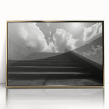 Mid-century modernist staircase design in gold and black tones, framed acrylic print, ideal for modern art wall decor.