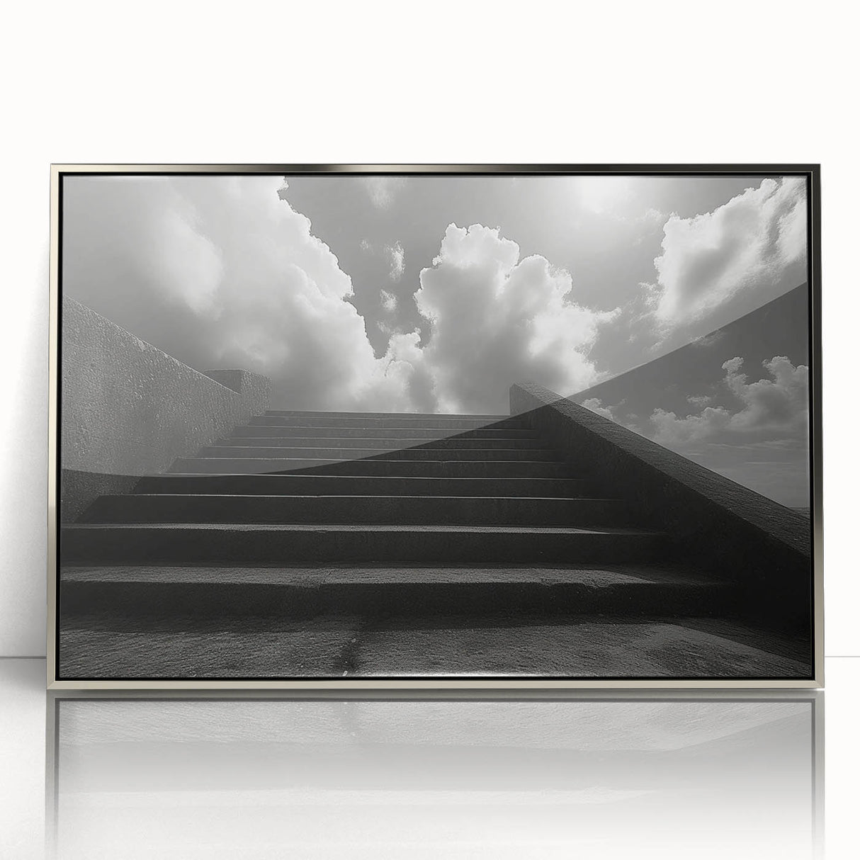 Mid-century modernist art of a spiral staircase in muted gray tones, acrylic print framed in silver.