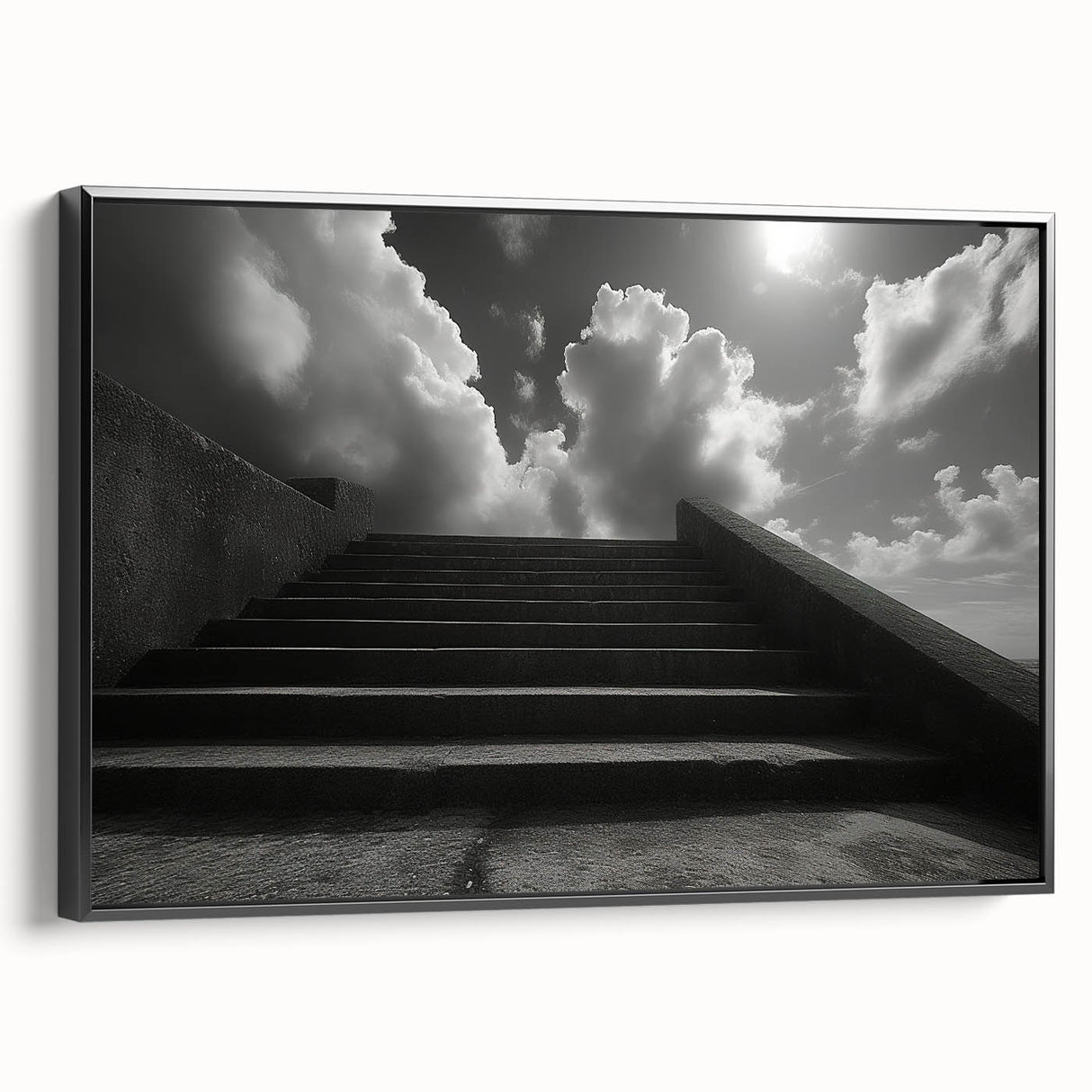Black and white wall art featuring a spiral staircase design on a framed canvas, suitable for bedroom decor.