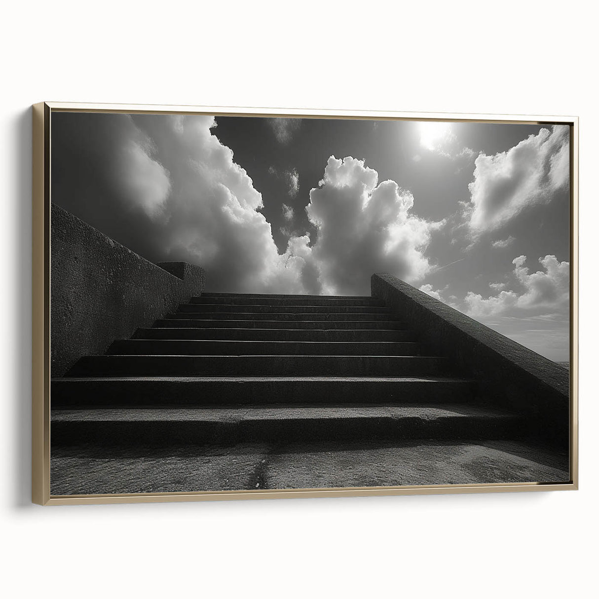 Framed canvas featuring a black and gold vintage staircase design, ideal for bedroom wall art.