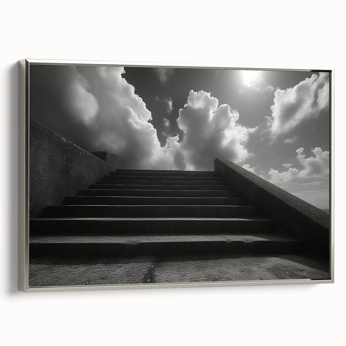 Framed canvas featuring a black and white vintage staircase design, ideal for adding a classic touch to office spaces.