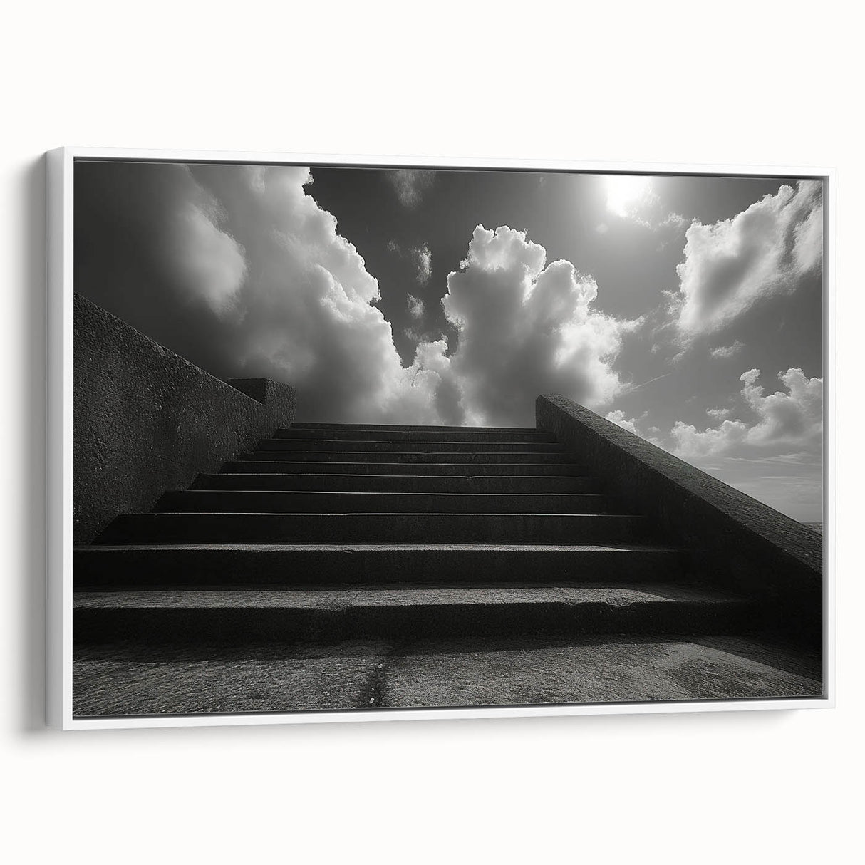Vintage poster art of a spiral staircase in black and white on a framed canvas, ideal for living room decor.