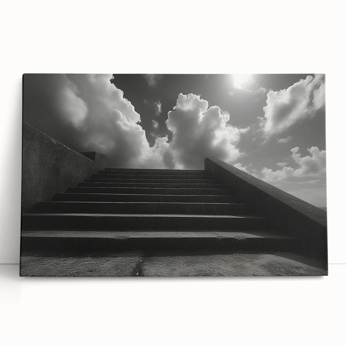 Black and white photograph of a spiral staircase on stretched canvas, ideal for kitchen wall art or bedroom decor.