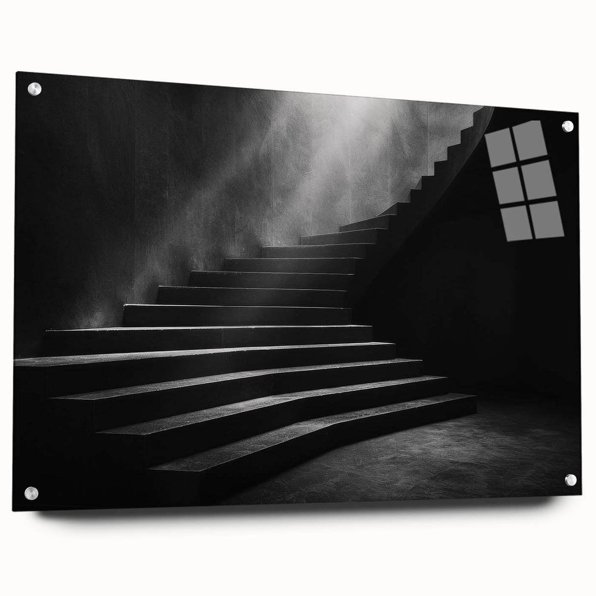 Acrylic print of a large abstract staircase design in monochrome, ideal for modern bedroom or dining room decor.