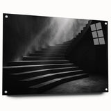 Acrylic print of a large abstract staircase design in monochrome, ideal for modern bedroom or dining room decor.
