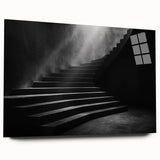 Large abstract wall art featuring a spiral staircase in muted gray and white tones on acrylic glass.