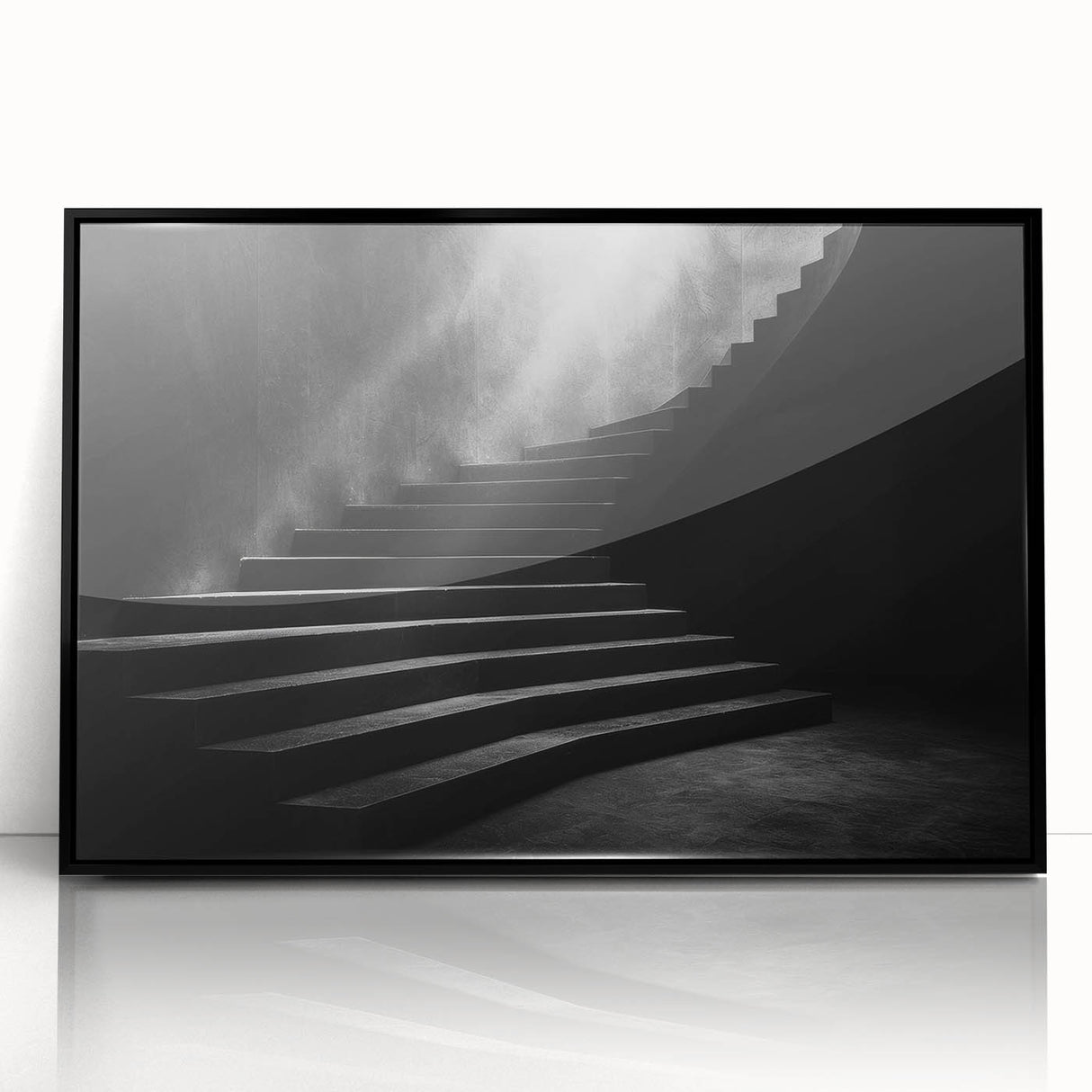 Large abstract wall art of a spiral staircase in black and white, framed acrylic, suitable for modern art wall decor.