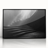 Large abstract wall art of a spiral staircase in black and white, framed acrylic, suitable for modern art wall decor.