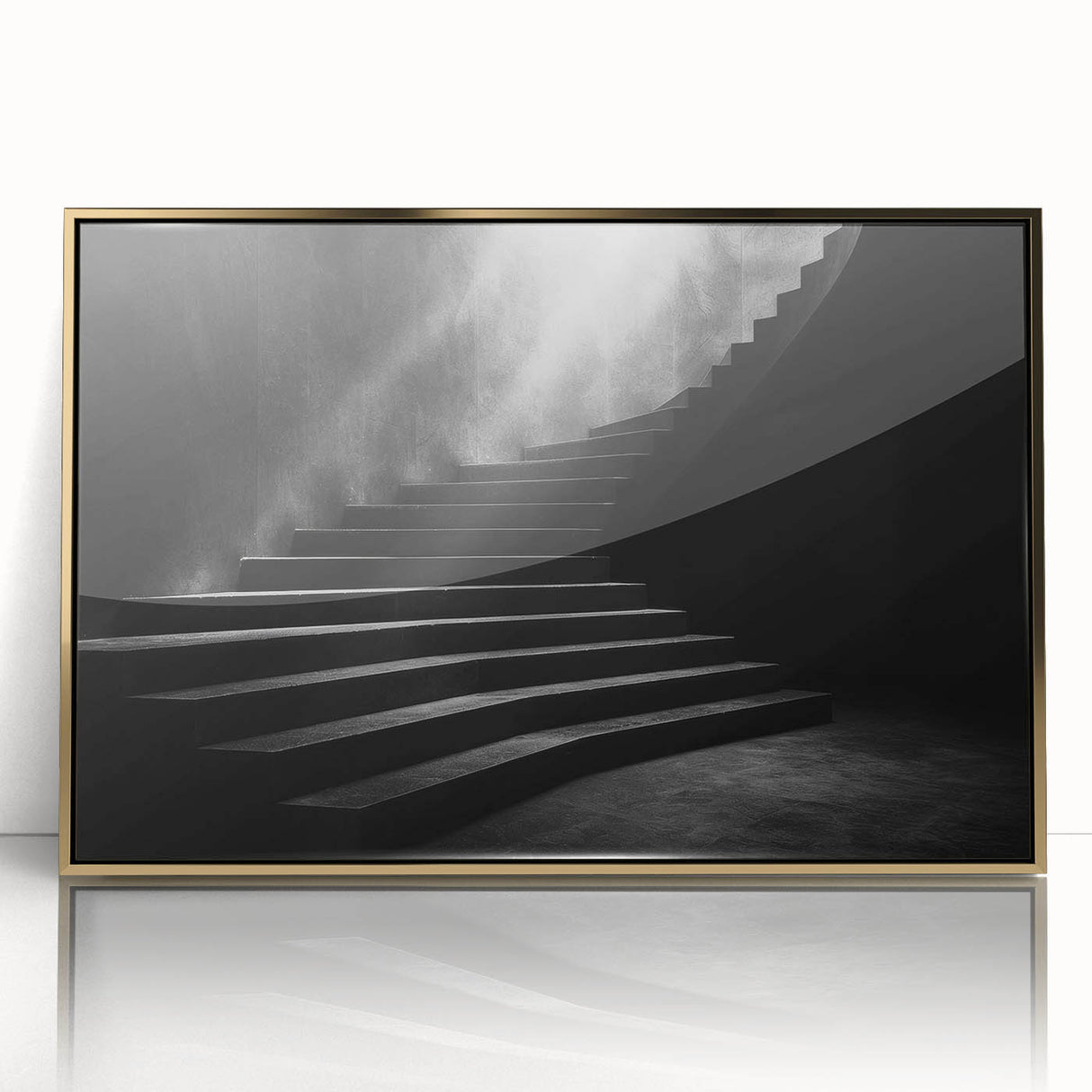 Mid-century modernist spiral staircase in gold and black tones, acrylic print, ideal for modern art wall decor.