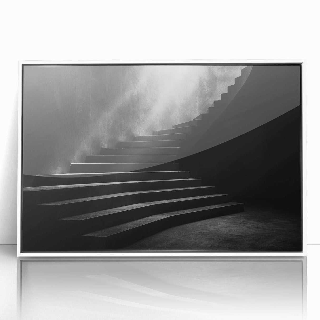 Art Deco poster of a spiral staircase in monochrome, framed acrylic, ideal for modern art wall decor.