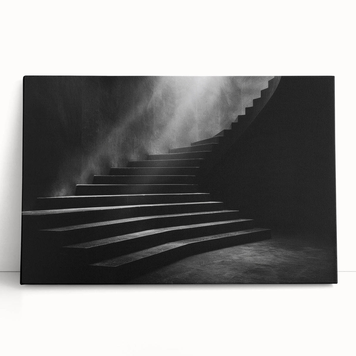Black and white photograph of a spiral staircase on stretched canvas, suitable as large art for kitchen or bedroom.