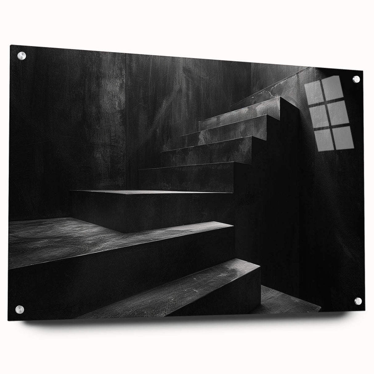 Acrylic print of a large abstract staircase design in monochrome shades, suitable for bedroom or dining room decor.