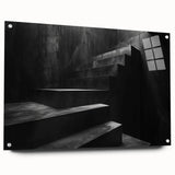Acrylic print of a large abstract staircase design in monochrome shades, suitable for bedroom or dining room decor.