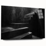 Acrylic print of a large abstract staircase design in monochrome, ideal for modern bedroom or dining room decor.