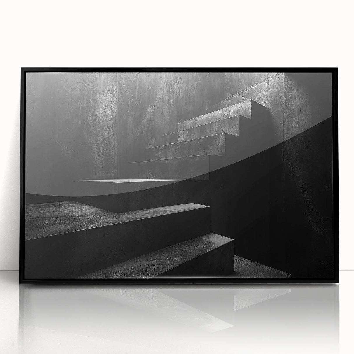 Large abstract wall art featuring a spiral staircase design in black and white tones, acrylic print framed in black.