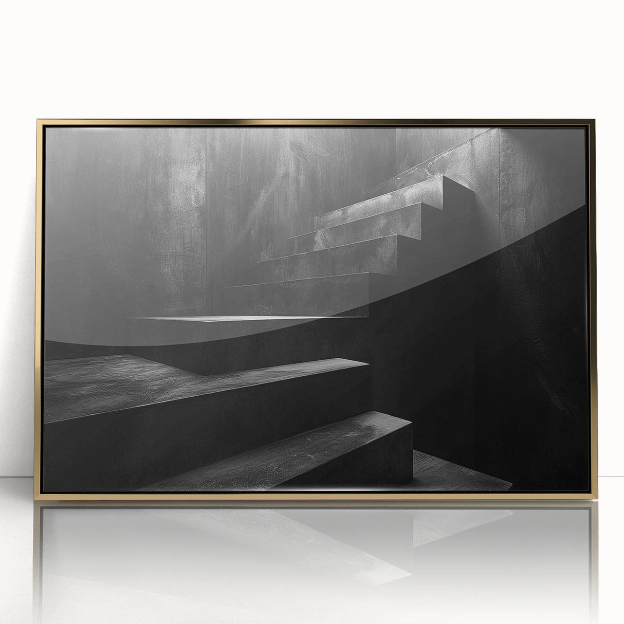Mid-century modernist staircase design in gold and white tones on a framed acrylic, suitable for modern art wall decor.
