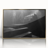 Mid-century modernist staircase design in gold and white tones on a framed acrylic, suitable for modern art wall decor.