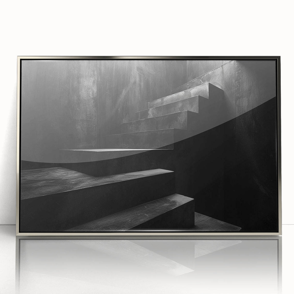 Mid-century modernist staircase design in silver and gray tones on a framed acrylic, ideal for modern art wall decor.