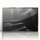 Mid-century modernist staircase design in silver and gray tones on a framed acrylic, ideal for modern art wall decor.