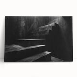 Black and white spiral staircase photograph on large stretched canvas, ideal for kitchen wall art or bedroom decor.