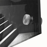 Mid-century modernist abstract staircase design in muted brown and gray tones on large acrylic glass.
