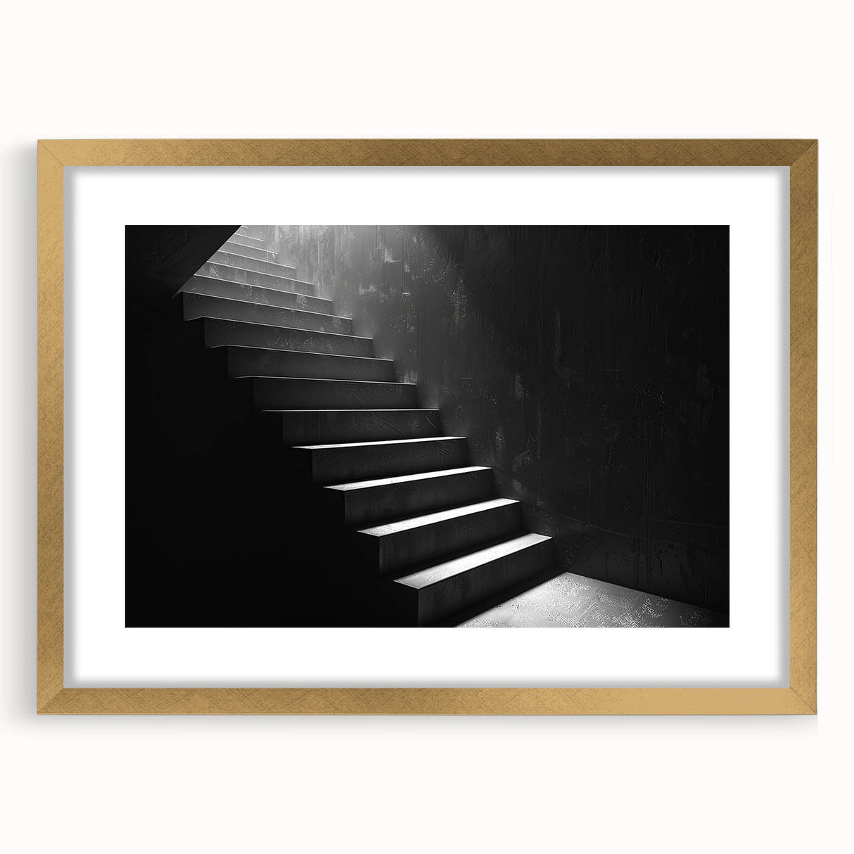 Extra large abstract art print of a textured staircase design in muted earth tones on a framed canvas.