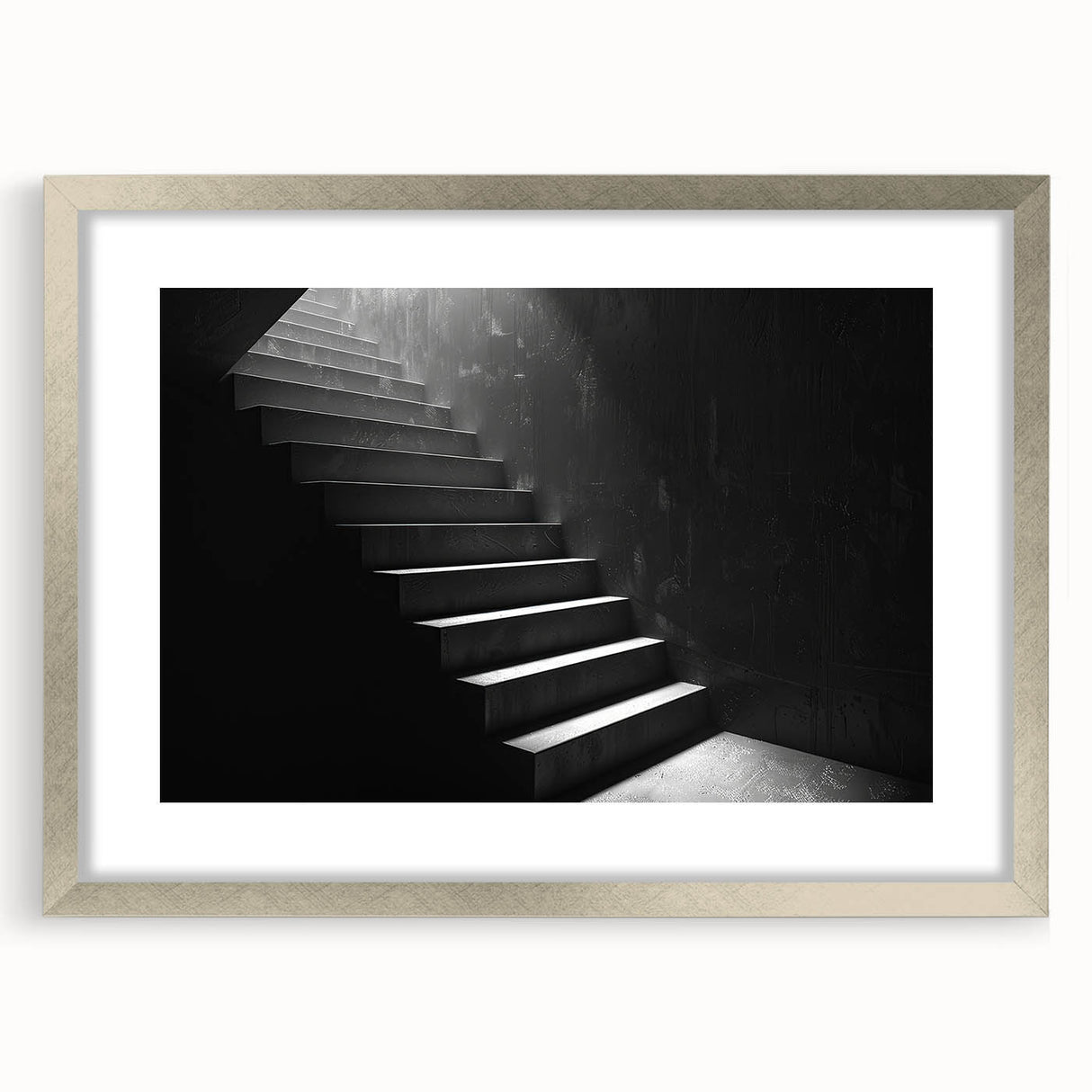 Textured art print of an abstract staircase in muted gray tones on a framed silver mat, suitable for bedroom decor.
