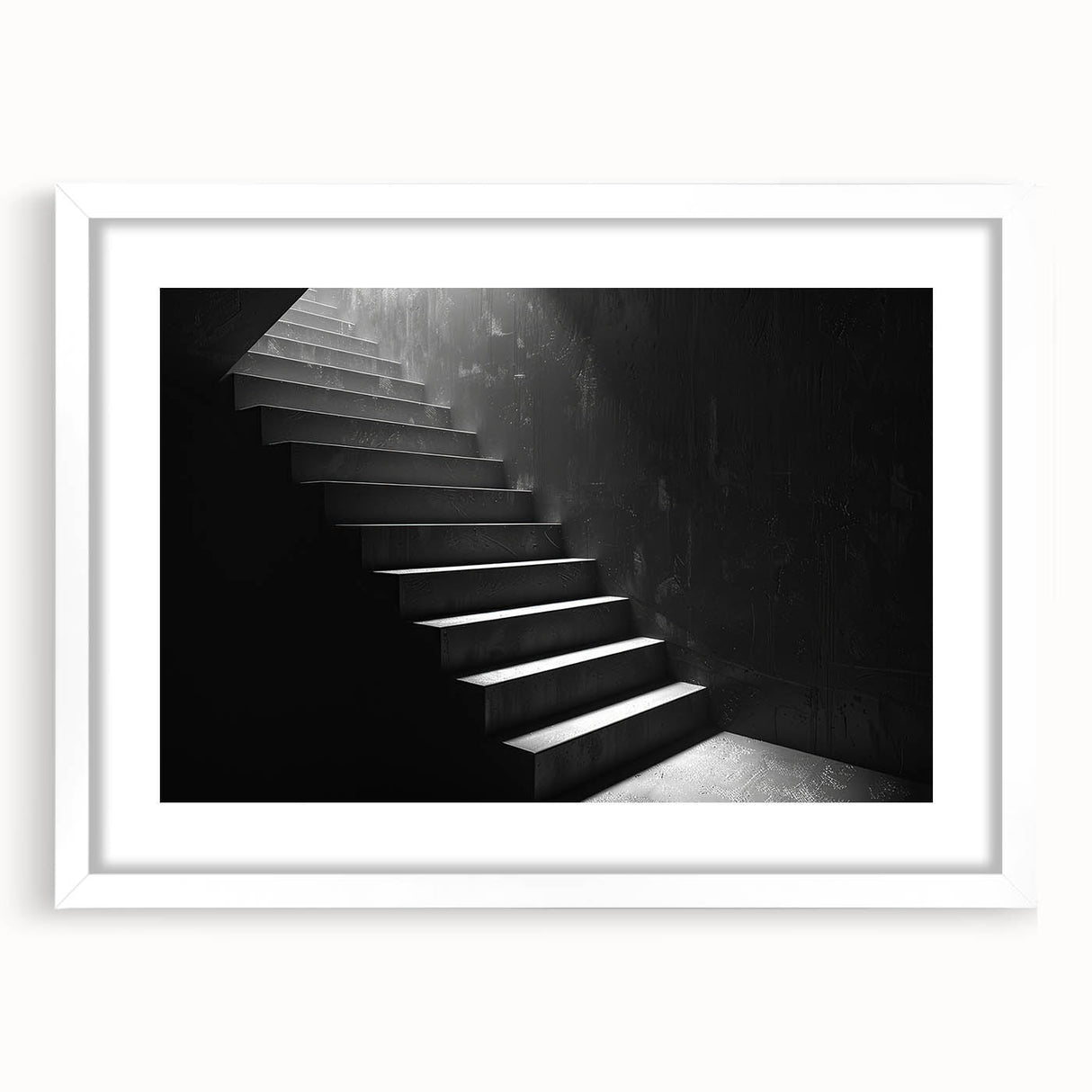 Abstract art print of a spiral staircase in grayscale, framed with a white mat, suitable for bedroom or dining room decor.
