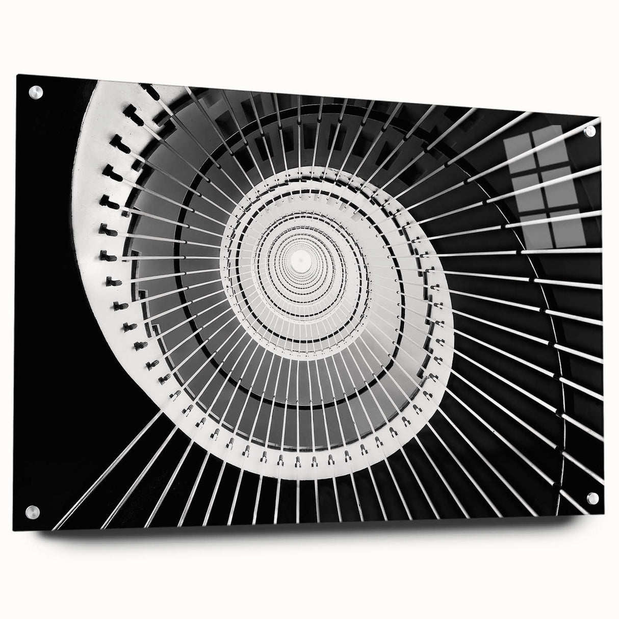 Acrylic print of a large abstract staircase in grayscale, ideal for modern bedroom or dining room decor.