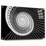 Acrylic print of a large abstract staircase in grayscale, ideal for modern bedroom or dining room decor.
