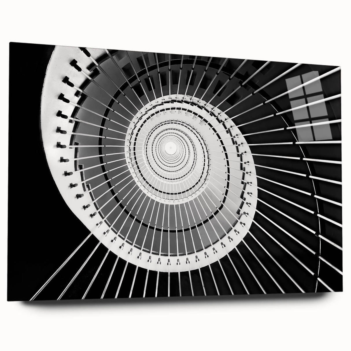 Large abstract wall art of a spiral staircase in monochrome, acrylic glass print, ideal for bedroom or dining room decor.