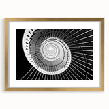 Abstract art print of a textured staircase design in gold frame, suited for extra large wall art in a living room.