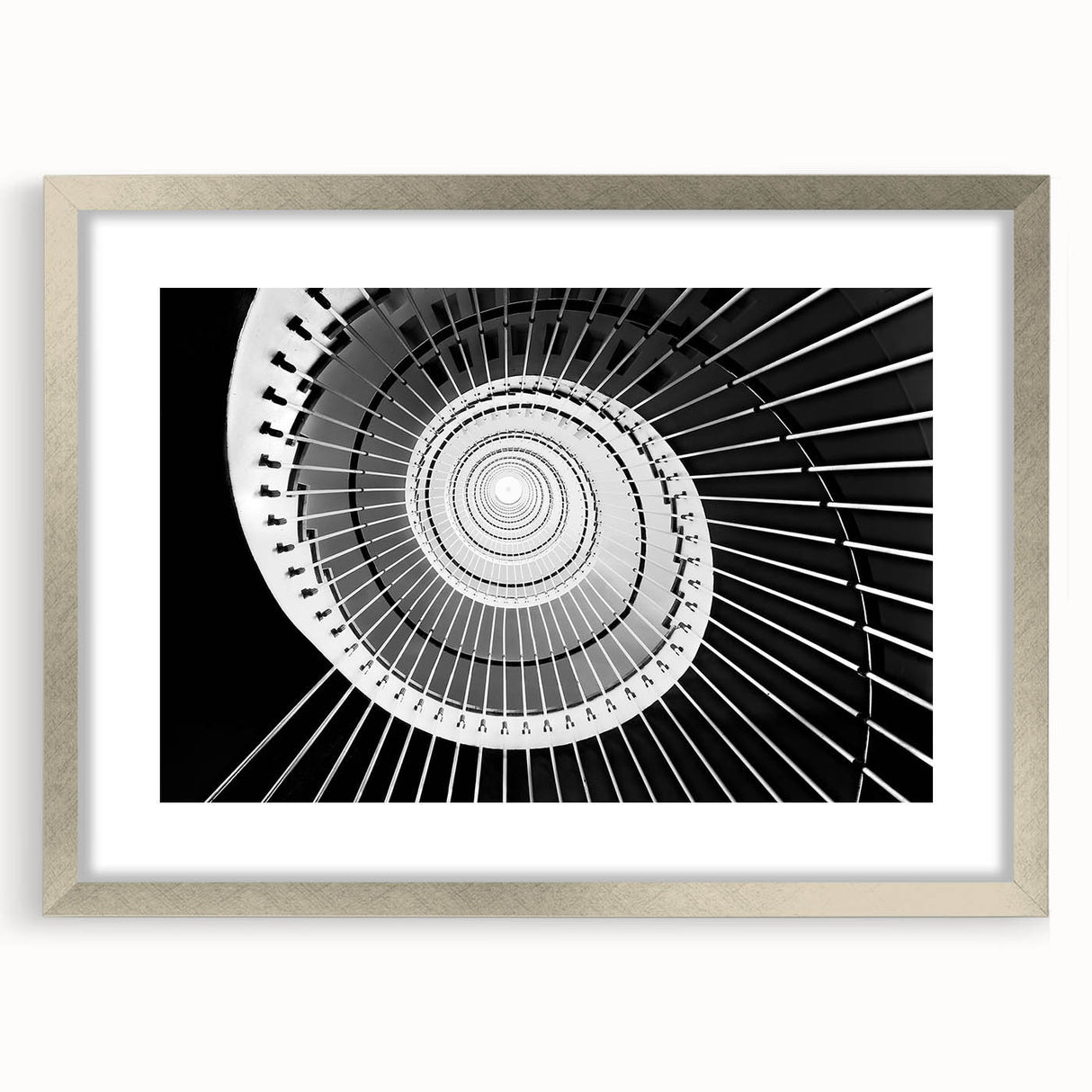 Textured art depicting an abstract staircase design in muted gray tones on a framed silver mat, suitable for bedroom decor.