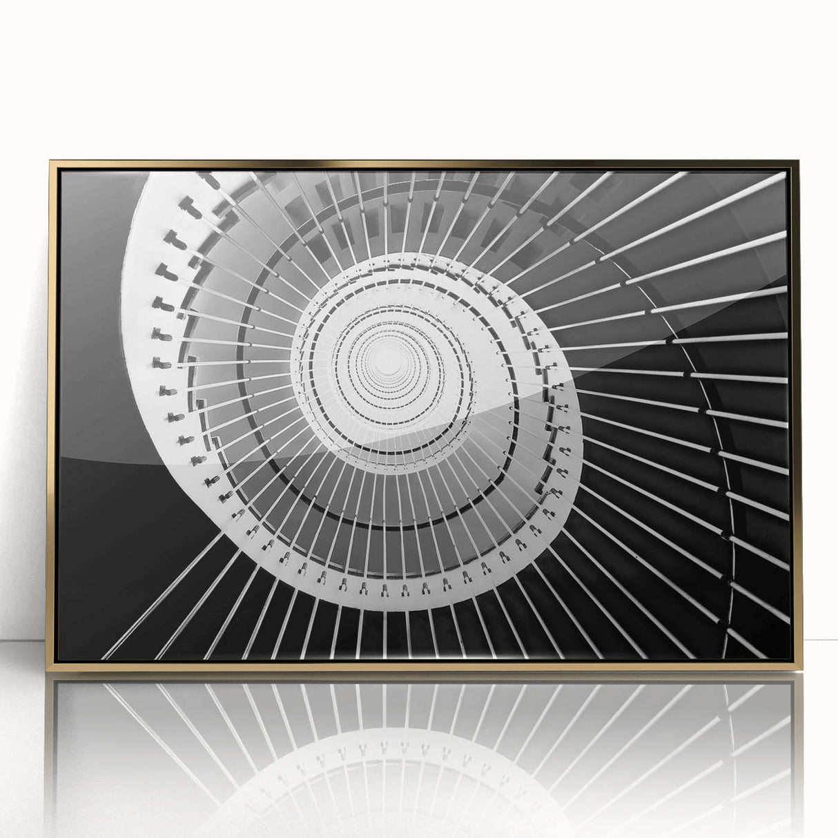 Mid-century modernist art featuring a spiral staircase in muted gold and gray tones, acrylic print.