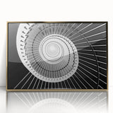 Mid-century modernist art featuring a spiral staircase in muted gold and gray tones, acrylic print.