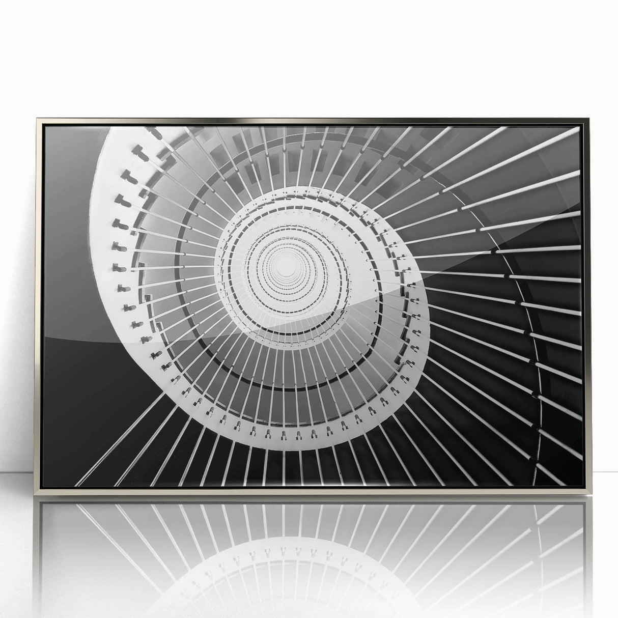 Mid-century modernist acrylic print of a spiral staircase in monochrome tones, ideal for modern art wall decor.