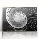 Mid-century modernist acrylic print of a spiral staircase in monochrome tones, ideal for modern art wall decor.