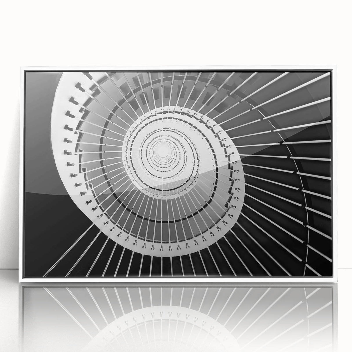 Art Deco poster of a spiral staircase in black and white, framed acrylic, suited for modern nursery decor.