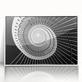 Art Deco poster of a spiral staircase in black and white, framed acrylic, suited for modern nursery decor.