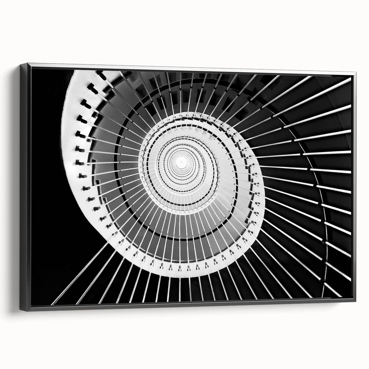 Black and white framed canvas featuring a vintage poster art-style staircase in a landscape format.